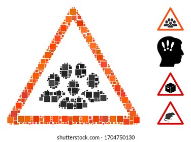 Collage People crowd warning icon designed from square elements in random sizes and color hues. Vector square parts are composed into abstract collage people crowd warning icon.