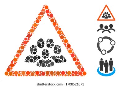 Collage People Massen-Warnsymbol bestehend aus runden Artikeln in verschiedenen Größen, Positionen und Proportionen. Vektorillustration sphärische Flecken sind in abstrakte Collage Menschen Massen-Warnsymbol zusammengesetzt.