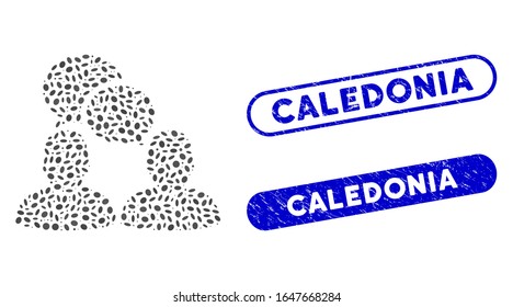 Collage people dialog and rubber stamp seals with Caledonia caption. Mosaic vector people dialog is designed with scattered elliptic spots. Caledonia stamp seals use blue color,