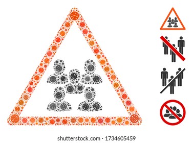Collage gente agrupa la advertencia diseñada a partir de iconos del virus de la gripe en tamaños aleatorios y tonos de color. Los iconos de infección vectorial se agrupan en un icono de advertencia de grupo de personas de mosaico abstracto.