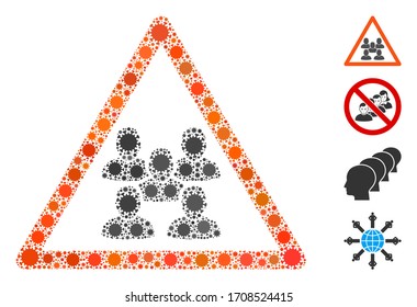 Collage people group warning united from covid-2019 virus icons in random sizes and color hues. Vector infection parts are arranged into abstract collage people group warning icon.