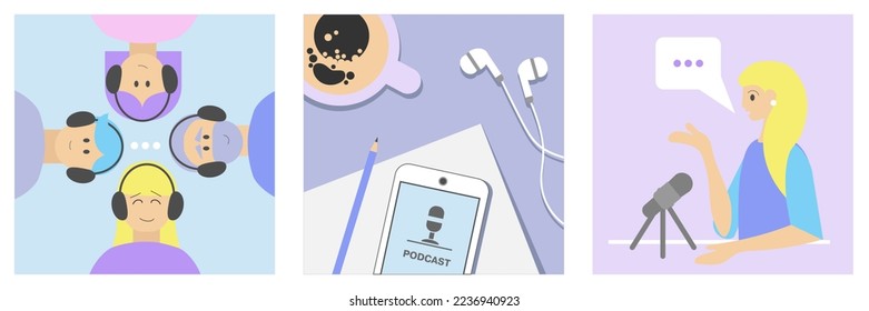 Collage of people with headphones, female podcaster with microph