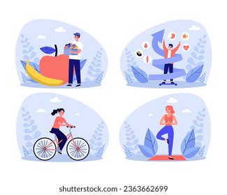 Collage of people with healthy lifestyle vector illustration. Collection of cartoon drawings of men and women buying healthy food, cycling and doing yoga. Fitness, health, weight loss, diet concept