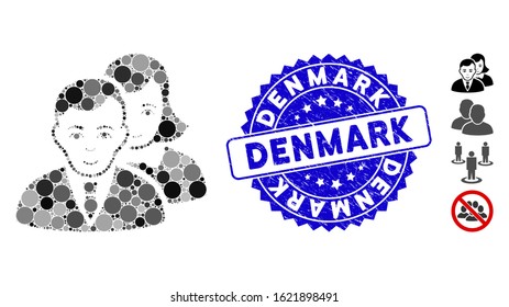 Collage people icon and rubber stamp seal with Denmark phrase. Mosaic vector is formed from people icon and with random circle elements. Denmark stamp seal uses blue color, and rubber surface.