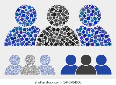 Collage People icon united from round and square items in different sizes, positions and proportions. Vector round and square spots are united into abstract composition people icons.