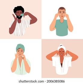 Collage of People Male and Female Face Massage.Yoga,Gymnastics,rejuvenating Face Muscle exercises.Beautiful Women and Men.Acupuncture anti-aging self care Procedure.Face Yoga Vector Flat Illustration