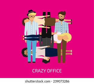 Collage of people on fuchsia background. Flat modern design