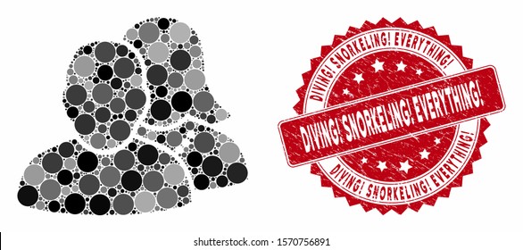 Collage people and rubber stamp seal with Diving! Snorkeling! Everything! text. Mosaic vector is created from people icon and with scattered circle items.