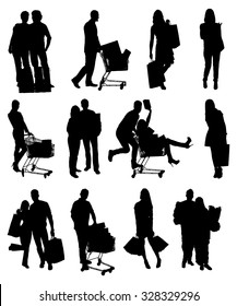 Collage Of People Silhouettes Holding Shopping Bags. Vector Image