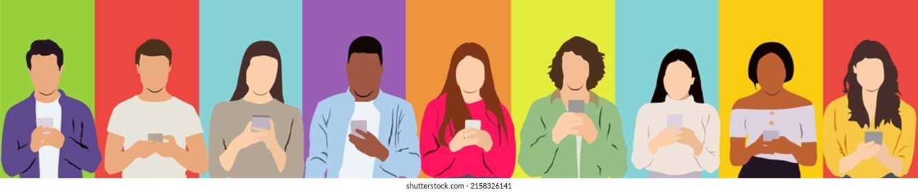 collage de personas usando teléfonos en segundo plano con líneas de colores