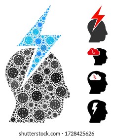 Collage person stress strike united from flu virus icons in random sizes and color hues. Vector viral elements are united into abstract illustration person stress strike icon.