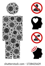 Collage person united from flu virus elements in different sizes and color hues. Vector viral icons are united into abstract collage person icon. Some bonus icons are added.
