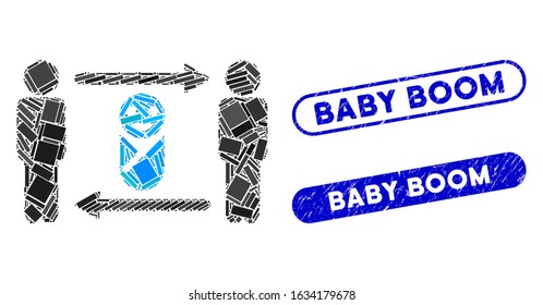 Collage persons child exchange and corroded stamp seals with Baby Boom caption. Mosaic vector persons child exchange is composed with scattered rectangle items. Baby Boom stamp seals use blue color,