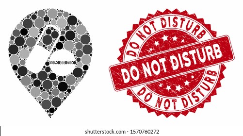 Collage pharmacy marker and rubber stamp seal with Do Not Disturb phrase. Mosaic vector is designed with pharmacy marker icon and with random spheric elements.