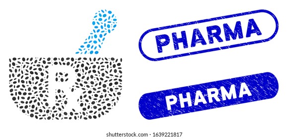 Collage pharmacy mortar and corroded stamp seals with Pharma text. Mosaic vector pharmacy mortar is designed with randomized ellipse dots. Pharma stamp seals use blue color,