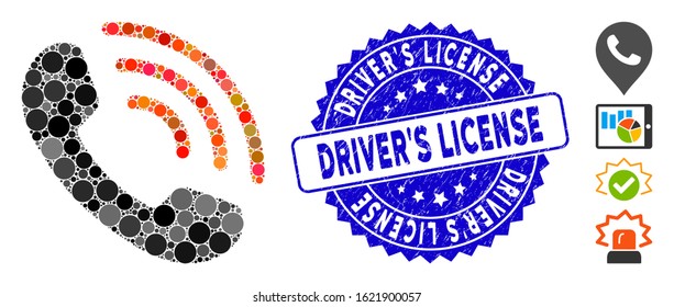 Collage phone call icon and corroded stamp seal with Driver'S License caption. Mosaic vector is formed with phone call icon and with scattered circle items.