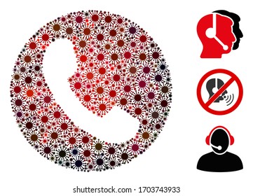 Número de teléfono de grupo compuesto por elementos del virus SARS en tamaños variables, colores rojos. Los elementos virales vectoriales se componen en un icono de número de teléfono de ilustración abstracta. Se agregan algunos iconos de bonificación.