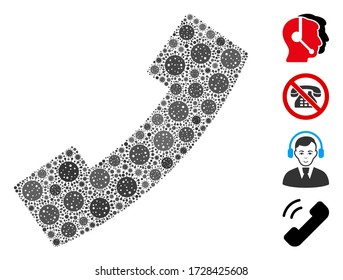 Collage phone receiver designed from flu virus icons in random sizes and color hues. Vector viral icons are combined into abstract mosaic phone receiver icon. Some bonus icons are added.