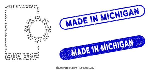 Collage phone setup gear and corroded stamp seals with Made in Michigan phrase. Mosaic vector phone setup gear is formed with randomized elliptic parts. Made in Michigan stamp seals use blue color,