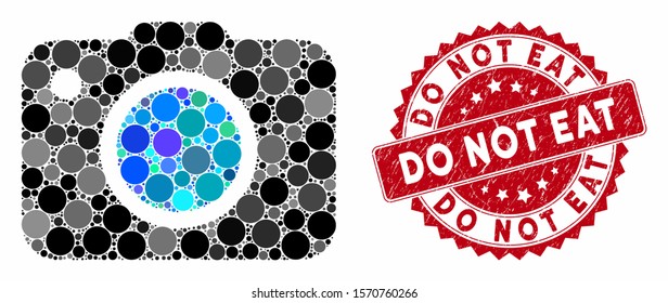 Collage photo camera and corroded stamp seal with Do Not Eat text. Mosaic vector is composed with photo camera icon and with scattered circle elements. Do Not Eat stamp seal uses red color,