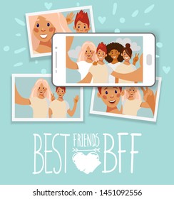 Collage of photo cards of friends and selfie on the smartphone screen. Best friends. Photo printing concept. Vector illustration in flat cartoon design.