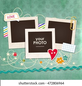 Collage photo frame on vintage background. Album template for kid, baby, family or memories. Scrapbook concept, vector illustration.