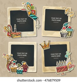 Collage photo frame on vintage background. Album template for kid, baby, family or memories. Scrapbook concept, vector illustration.