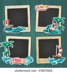 Collage photo frame on vintage background. Album template for kid, baby, family or memories. Scrapbook concept, vector illustration.