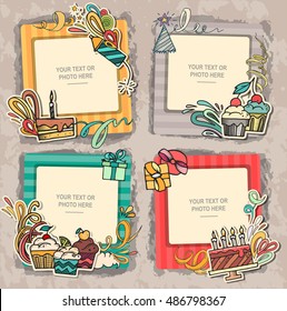 Collage photo frame on vintage background. Album template for kid, baby, family or memories. Scrapbook concept, vector illustration.