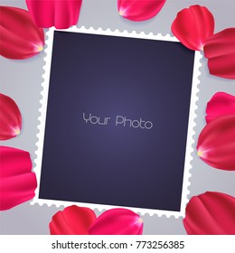 Collage of photo frame vector illustration. Design element with rose petals and templates for photo insertion for romantic or 14th February Valentine gift