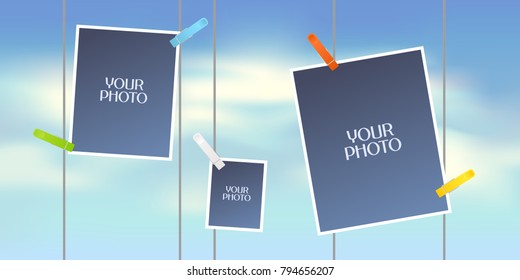 Collage of photo frames or scrapbook for photo album vector illustration. Design element of abstract background with sky and blank photo insertion