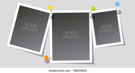 Collage of photo frames or scrapbook vector illustration or backdrop. Design element with pins on the wall and templates for photo insertion 