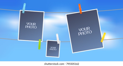 Collage of photo frames or scrapbook vector illustration. Design element with sky as background and three blank frames hanging on the rope for photo insertion