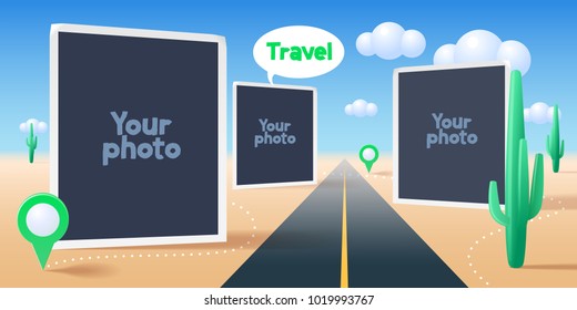 Collage Of Photo Frames Vector Illustration. Design Element Of Road With Cactuses And Template Frames For Pictures As Scrapbook Or Photo Album 