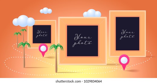 Collage Of Photo Frames Vector Illustration. Design Element Of Palms And Template Frames For Pictures As Scrapbook Or Photo Album 