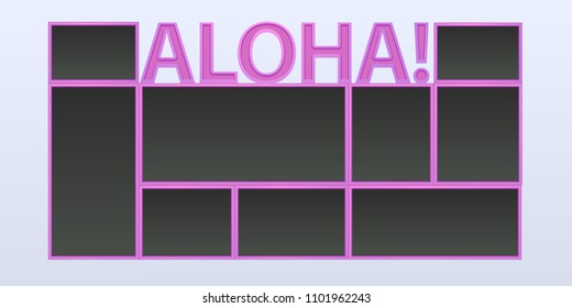 Collage of photo frames vector illustration, background. Sign Aloha and blank photo frames for insertion of pictures 