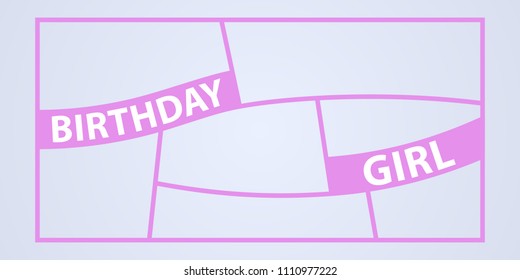 Collage of photo frames  vector illustration, background. Sign Birthday girl and template photo frames with borders 