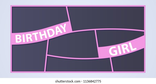 Collage of photo frames vector illustration, background. Sign Birthday girl and set of  photo frames for insertion of pictures 