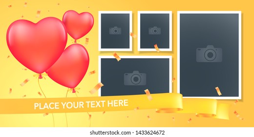 Collage of photo frames vector illustration. Design element of empty frames with romantic balloons for picture as scrapbook or photo album 