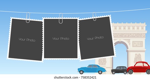 Collage of photo frames vector illustration. Design element of Paris arch de Triumph and templates for photo or pictures 