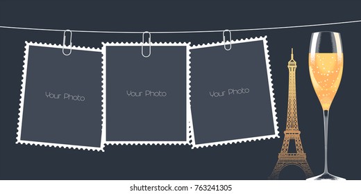 Collage of photo frames vector illustration, background. Design element of French landmark, Eiffel tower and templates for photo and pictures insertion