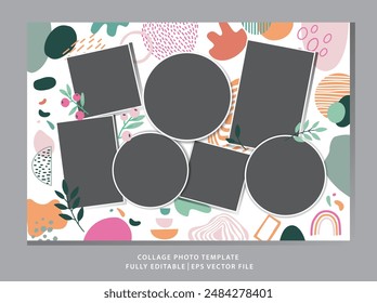 Collage Photo Template with Boho Hand Drawn Abstract Background Vector