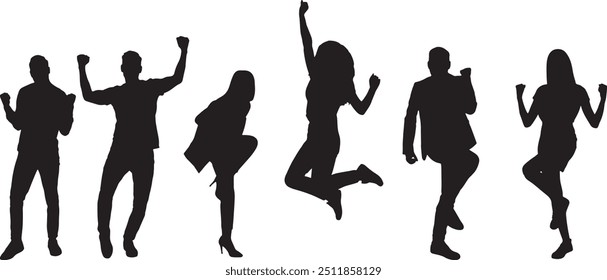 Collage with photos of happy people celebrating victory on white background. Banner design, vector silhouette