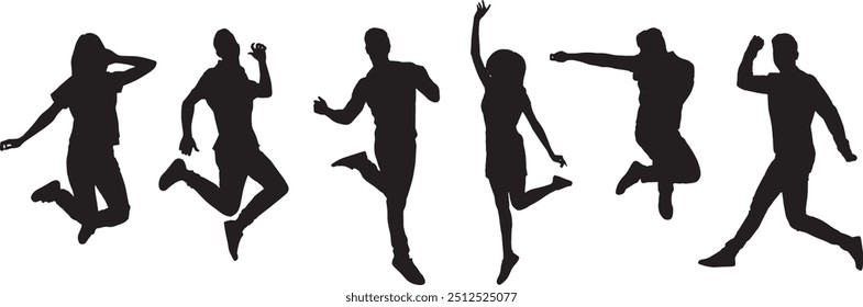 Collage with photos of young people in fashion clothes jumping on white background. Banner design vector silhouette