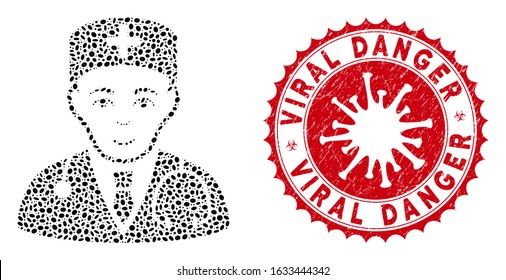 Collage physician icon and red round rubber stamp seal with Viral Danger caption and coronavirus symbol. Mosaic vector is composed with physician icon and with scattered oval elements.