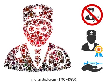 Collage physician united from flu virus icons in variable sizes, red colors. Vector viral icons are arranged into abstract collage physician icon. Some bonus icons are added.