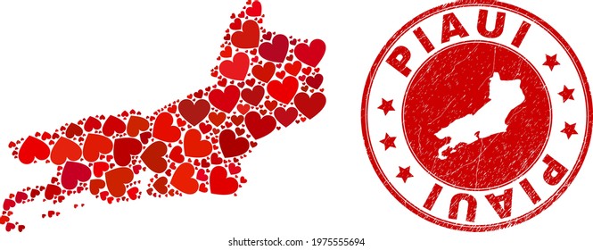 Collage Piaui State map composed with red love hearts, and textured seal. Vector lovely round red rubber seal stamp imitation with Piaui State map inside.