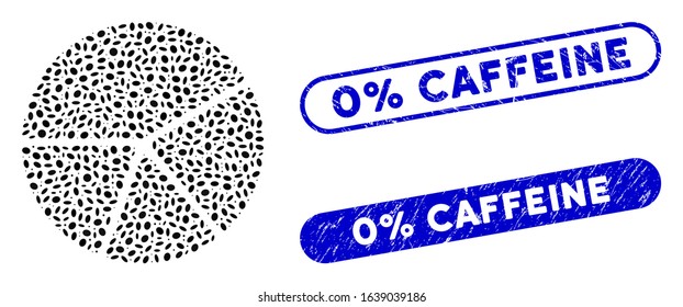 Collage pie chart and grunge stamp seals with 0% Caffeine phrase. Mosaic vector pie chart is designed with randomized ellipse items. 0% Caffeine stamp seals use blue color,