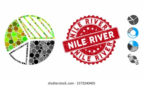 Collage pie chart icon and corroded stamp seal with Nile River caption. Mosaic vector is created with pie chart icon and with randomized spheric elements. Nile River stamp seal uses red color,