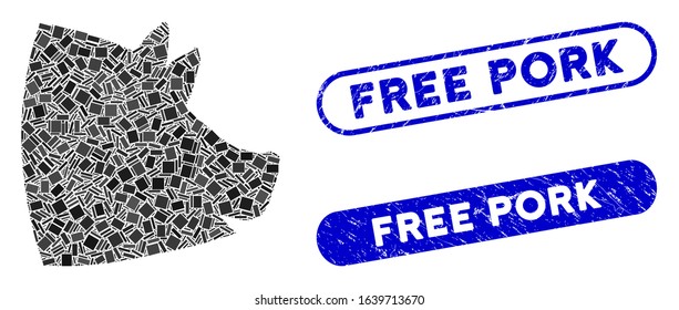 Collage pig head icon and red round grunge stamp seal with Free Pork text and coronavirus symbol. Mosaic vector is designed from pig head icon and with random spheric spots.